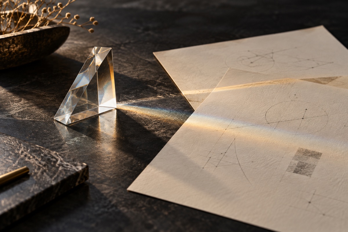 Un prisme de verre projette une lumière sur des feuilles de papier.